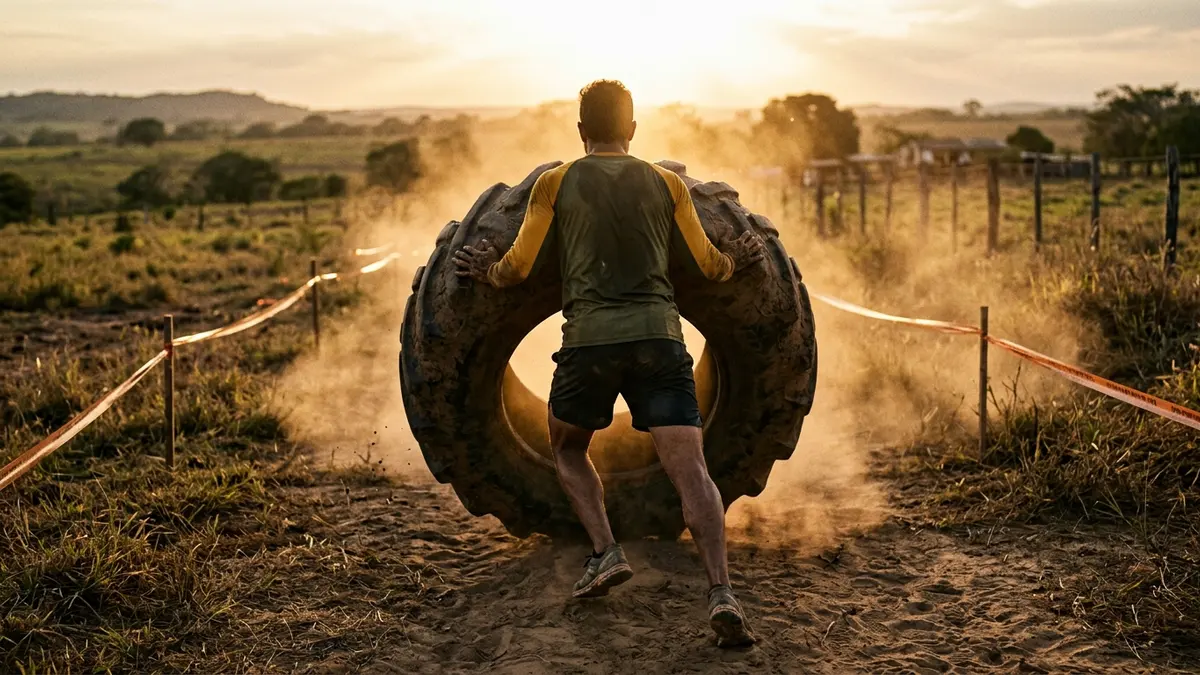 Atleta volteando un caucho de tractor en un carril de tierra