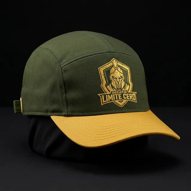 Gorra verde con visera amarilla y el escudo del evento